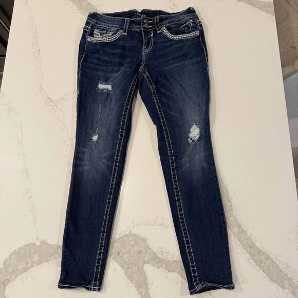 Vigoss Chelsea Skinny Low Rise Ankle Denim Jeans Womens 5/6 Dark Blue Distressed - Picture 1 of 10